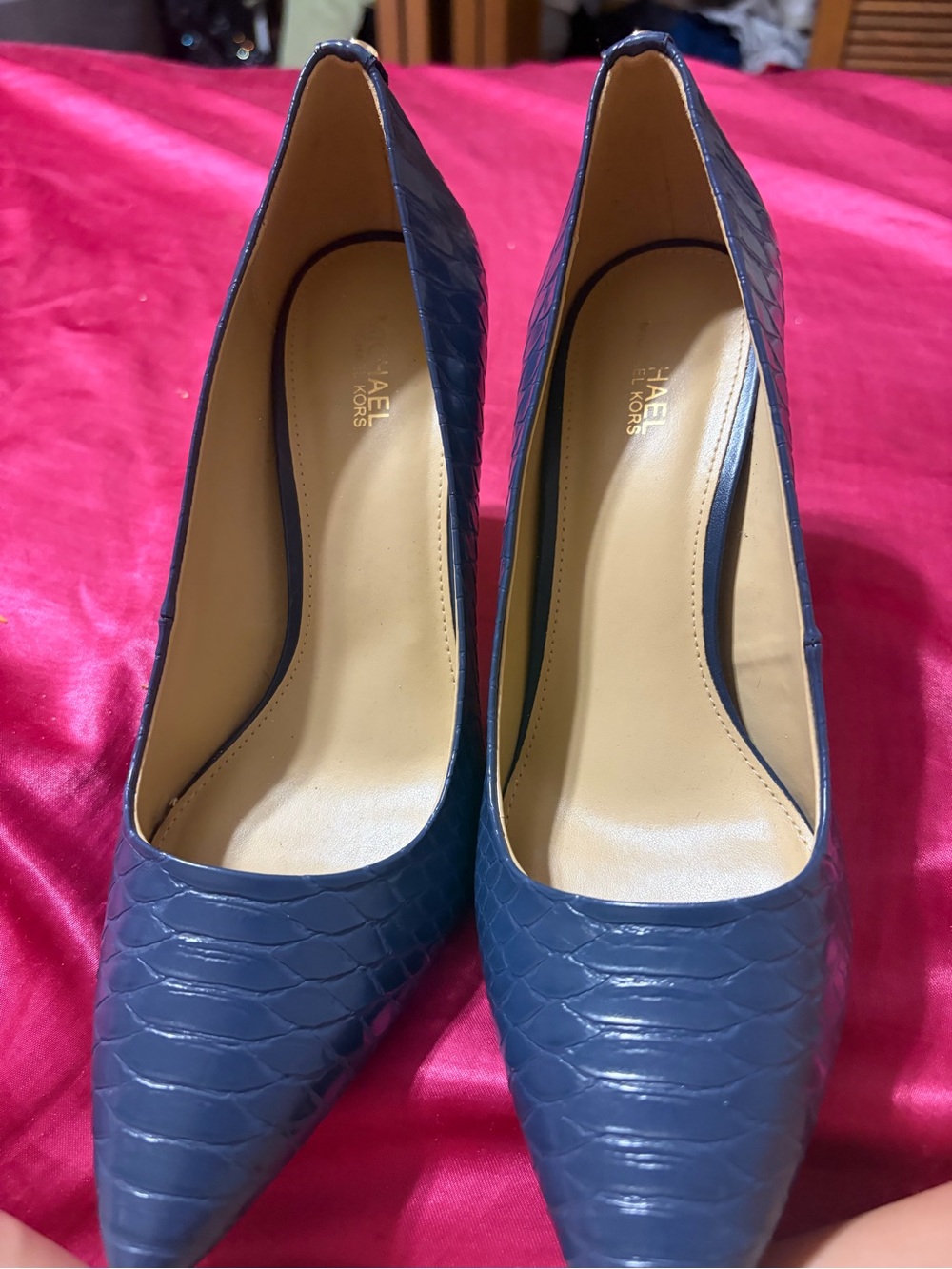 Michael Kors Navy Textured Pointed-Toe Pumps